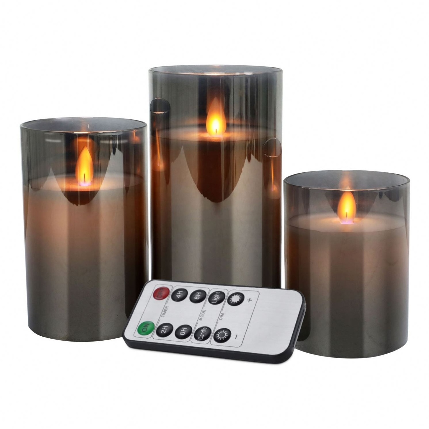 Flickering Flameless Glass LED Candles 3 PCs with Remote Control and Timer Battery Operated Electroplating Grey LED Candles