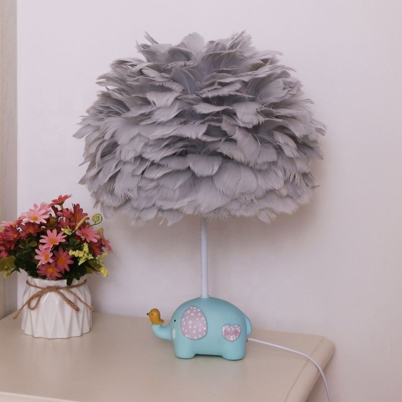 Cartoon Elephant Feather Table Lamp Creative Unicorn Warm Feather Lampshade Wedding Home Bedroom Decor