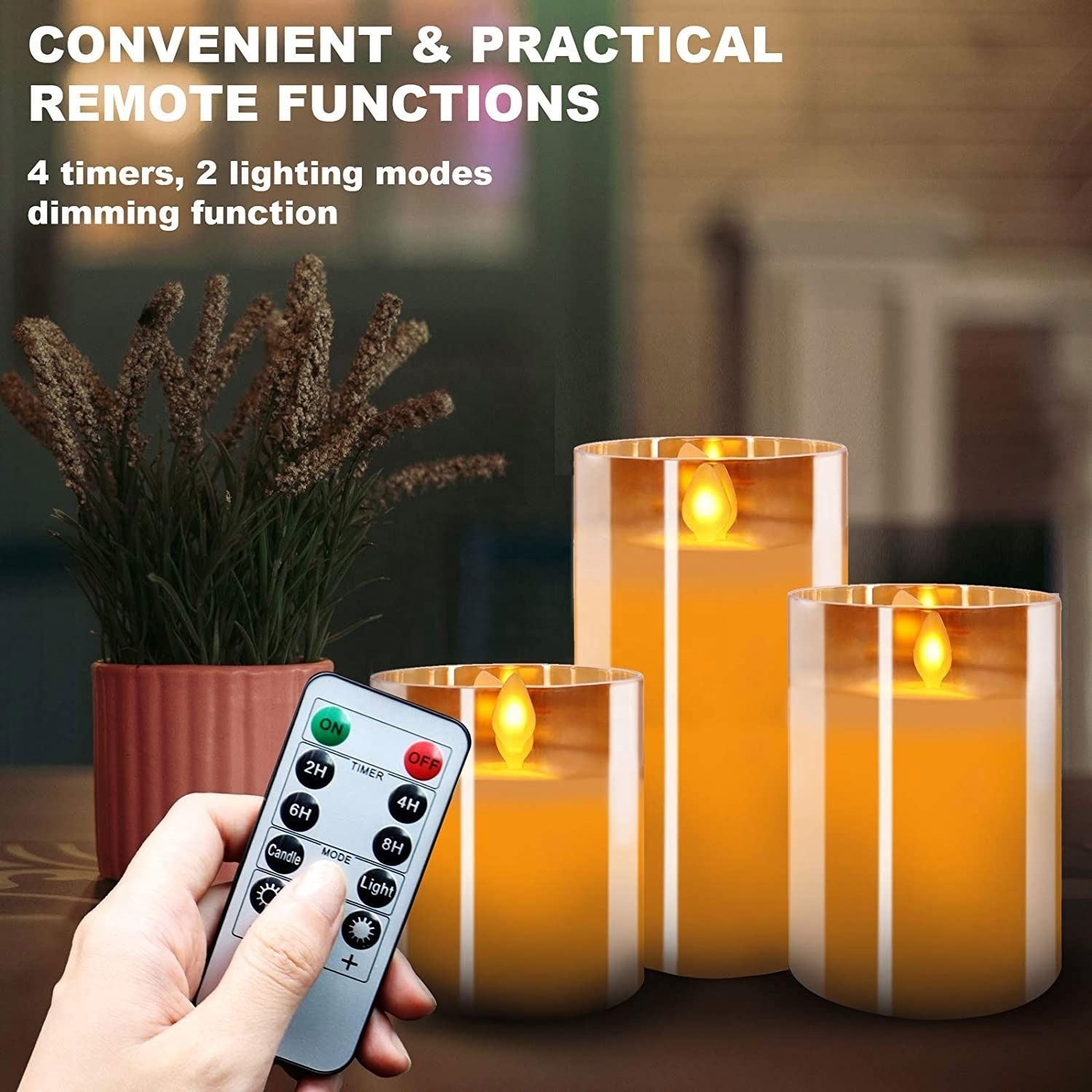 Flickering Flameless Glass LED Candles 3 PCs with Remote Control and Timer Battery Operated Electroplating Grey LED Candles