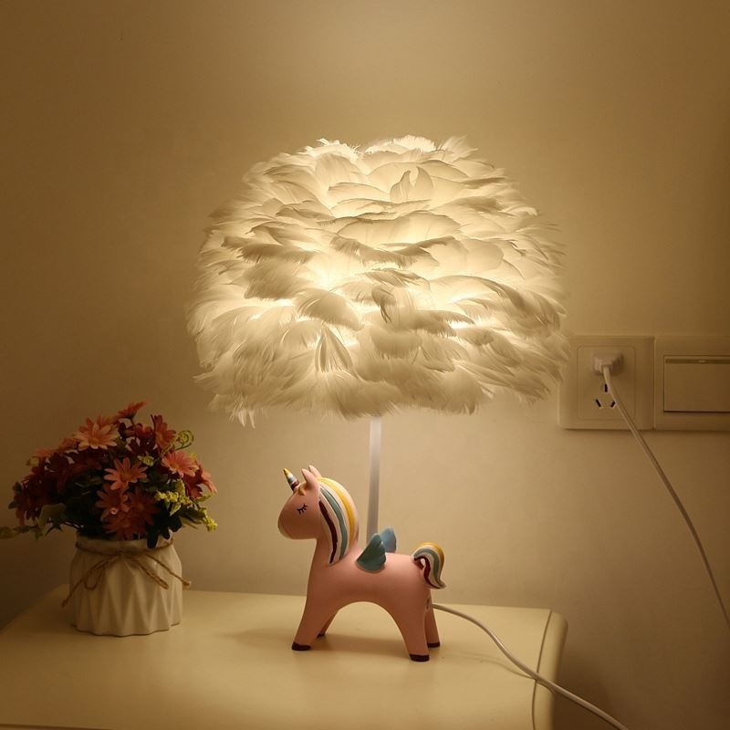 Cartoon Elephant Feather Table Lamp Creative Unicorn Warm Feather Lampshade Wedding Home Bedroom Decor