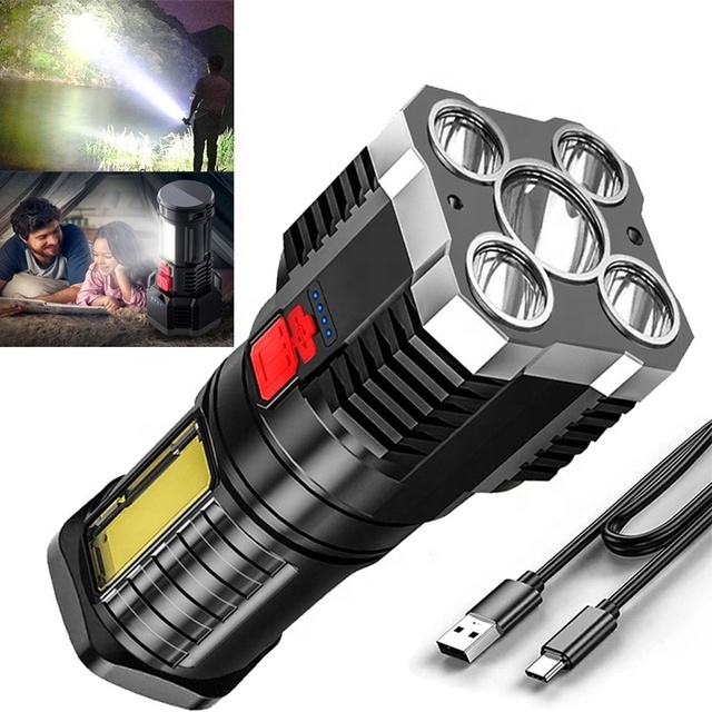 Strong Bright 5 Core LED Tactical Flashlight USB Rechargeable Powerful Flash Torch High Power COB Portable Light Camping Lantern