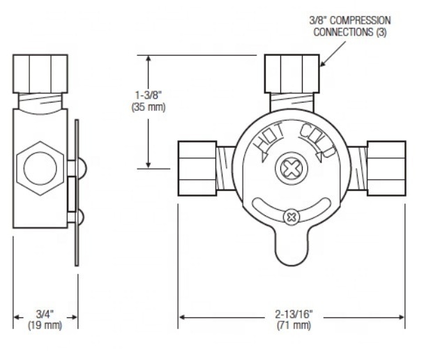 Below Deck Mechanical Water Mixing Valve for use with a single Optima faucet