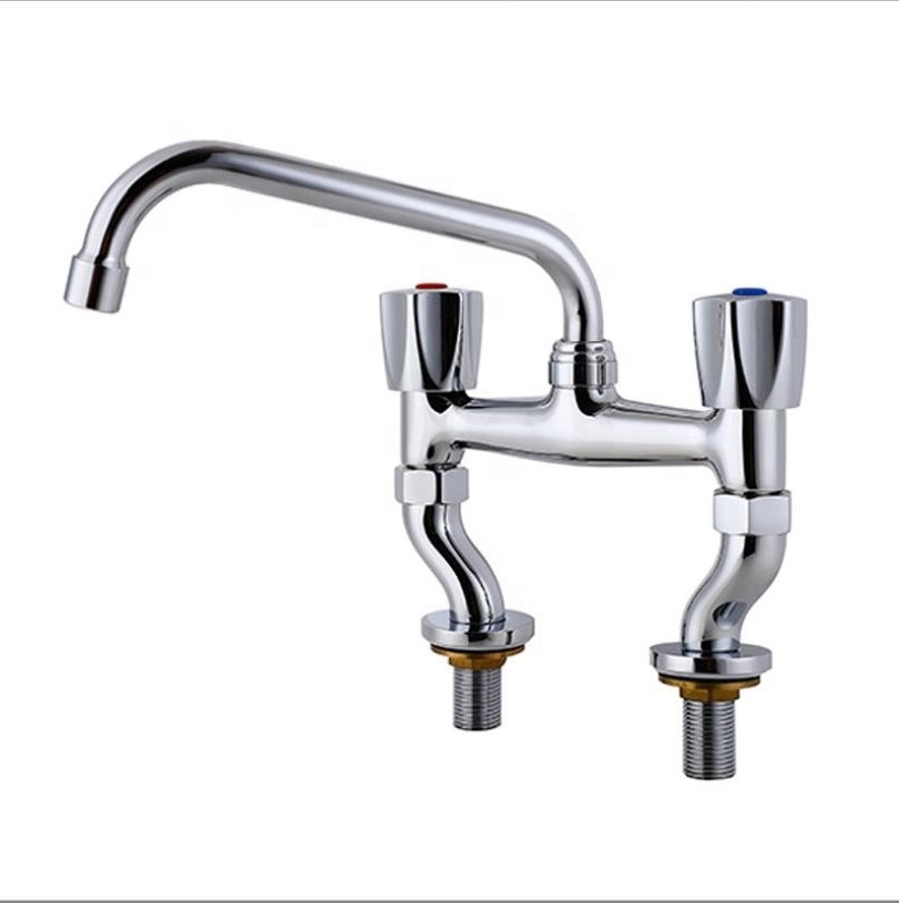 Deck-mounting brass bridge kitchen faucet