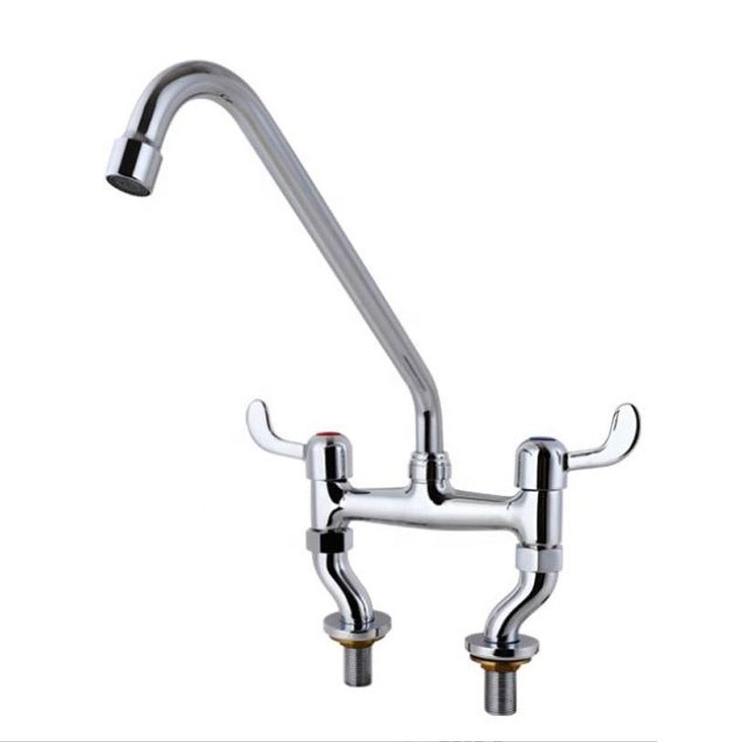 Deck-mounting brass bridge kitchen faucet