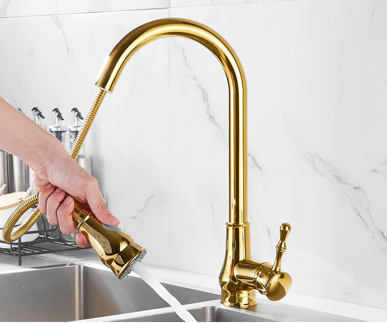 Fordable  Gold Single Handle Dual-function Pull-Down Kitchen Faucet