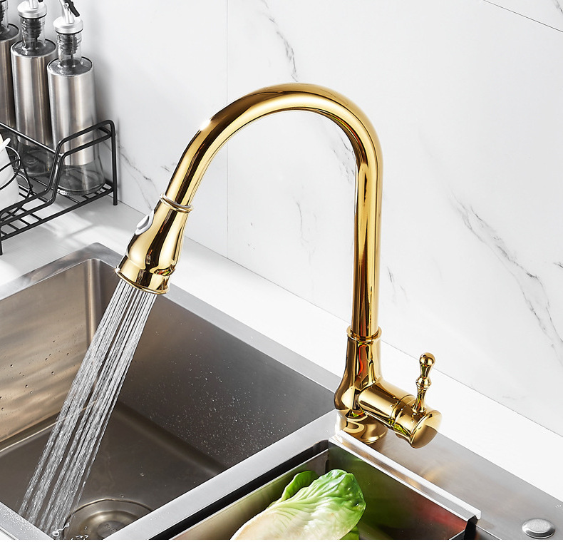 Fordable  Gold Single Handle Dual-function Pull-Down Kitchen Faucet