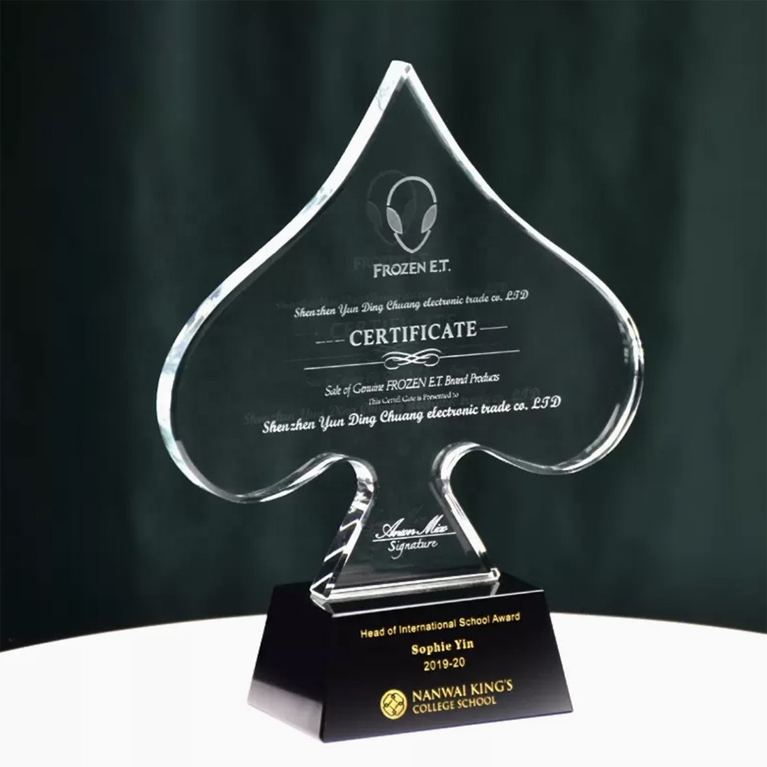 Wholesales customized  Spades shape poker  k9 blank K9 Crystal Glass  trophy Custom Crystal Glass  Award for  gamble gifts