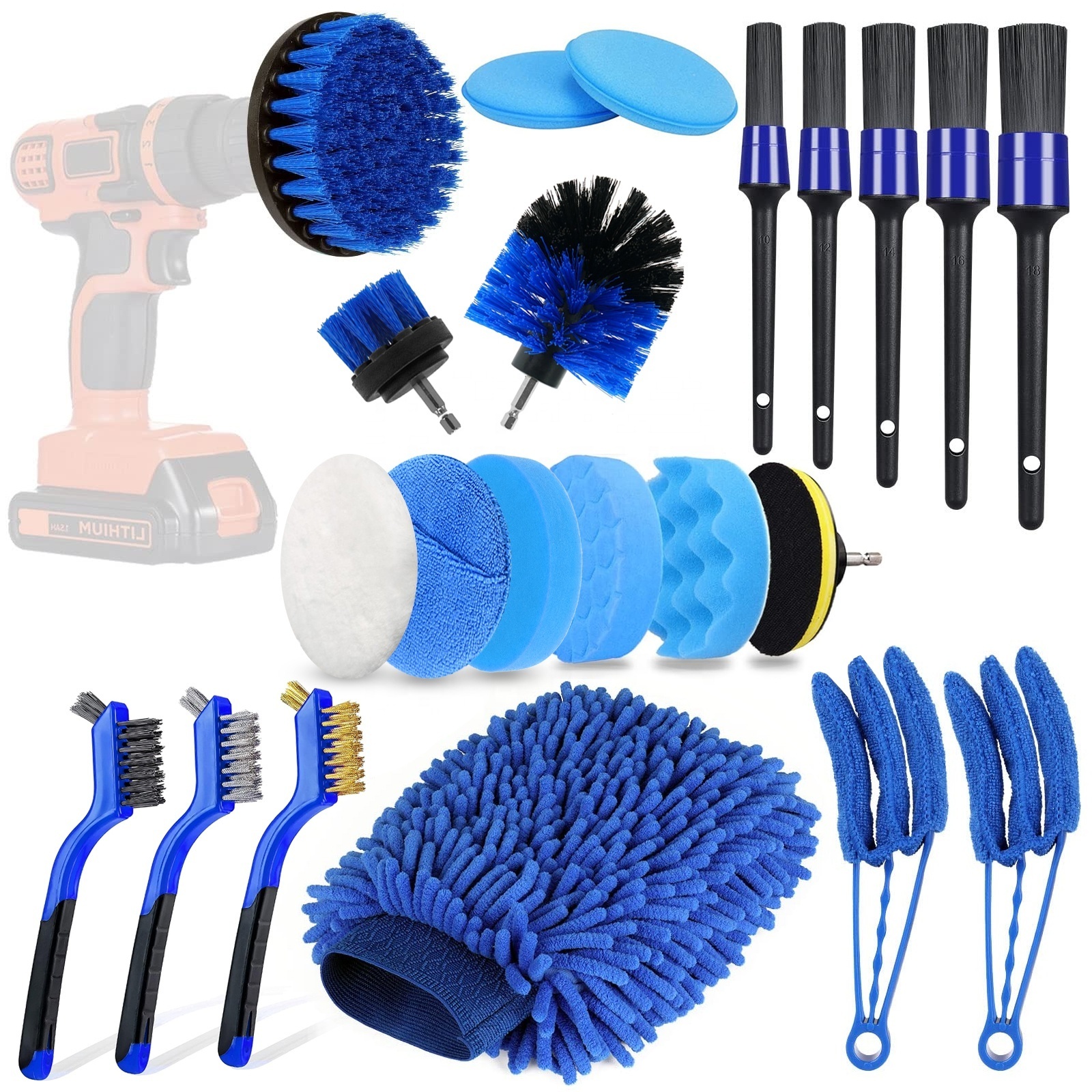 22 Pcs Car Detailing Kit Brushes Set Interior Cleaning With Auto Drill Soft Brush Attachment Sponge Polishing Pads