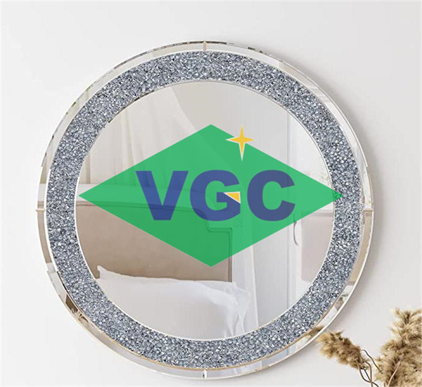 VGC 15years Manufacturer Wall Mirror Crystal Crushed Diamond Round Shaped Silver Mirror Luxury Crystal Surround Round Mirror