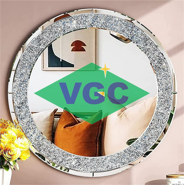 VGC 15years Manufacturer Wall Mirror Crystal Crushed Diamond Round Shaped Silver Mirror Luxury Crystal Surround Round Mirror