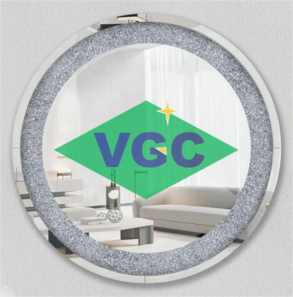 VGC 15years Manufacturer Wall Mirror Crystal Crushed Diamond Round Shaped Silver Mirror Luxury Crystal Surround Round Mirror