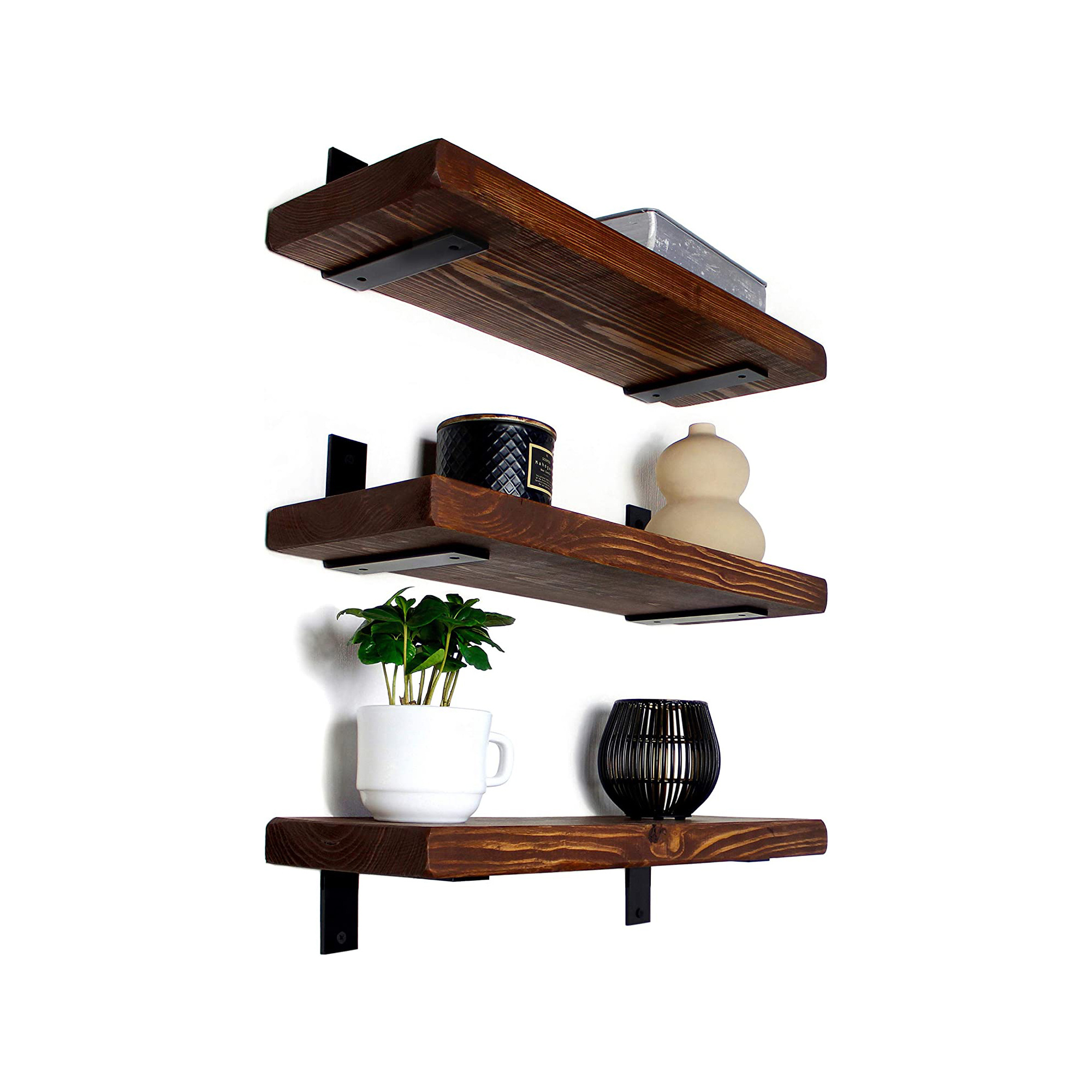 3 Tier Rustic Wall Shelf 17 inch Solid Wood Oil Finishing Wooden Wall Mounted Farmhouse Shelves for Kitchen Bedroom Bathroom