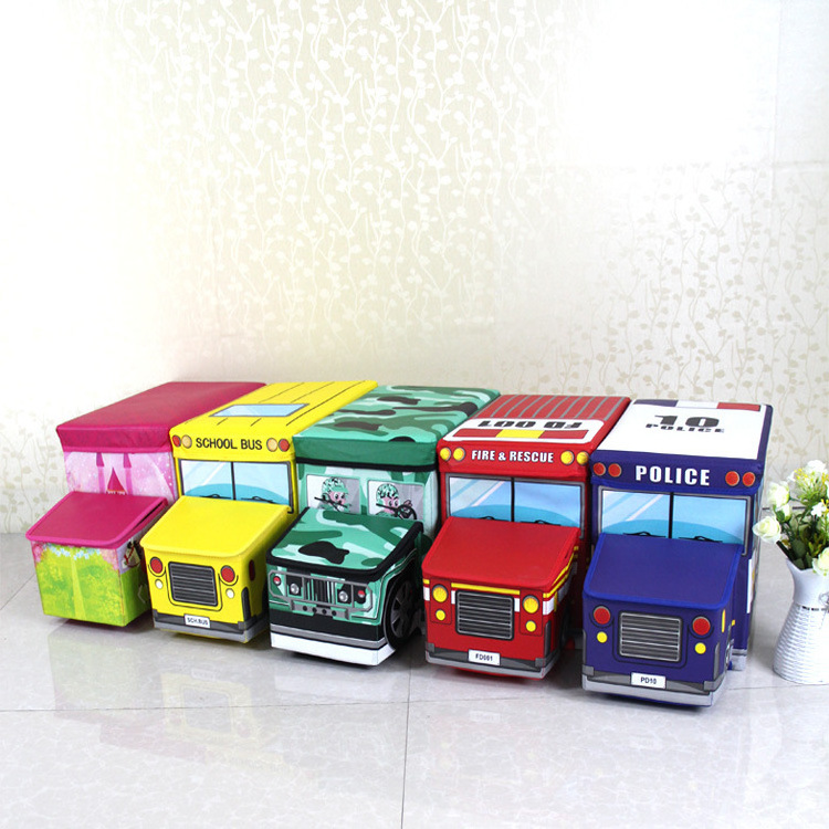 VISI Hot sale Modern waterproof cartoon kids car storage stool folding storage stool bus storage ottoman for child