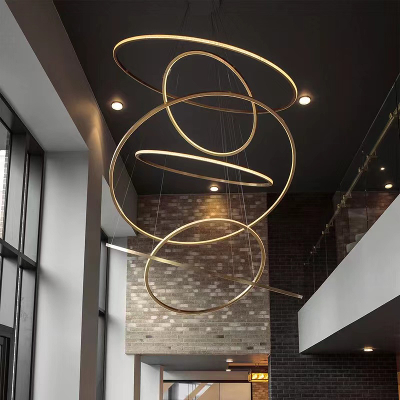 wholesale high ceiling modern rain chandelier round modern staircase chandelier led circle ring light for villa hotel home decor