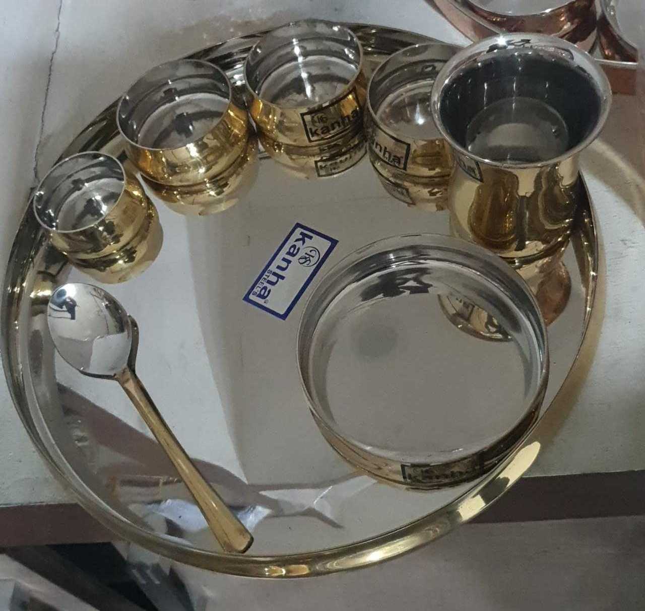 Indian Dinnerware Stainless Steel Brass Traditional Dinner Set of 1 Thali Plate 7 small Bowls 1 big bowl and 1 Spoon 1 fork