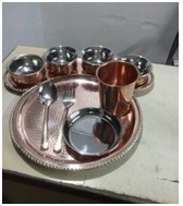 Indian Dinnerware Stainless Steel Brass Traditional Dinner Set of 1 Thali Plate 7 small Bowls 1 big bowl and 1 Spoon 1 fork