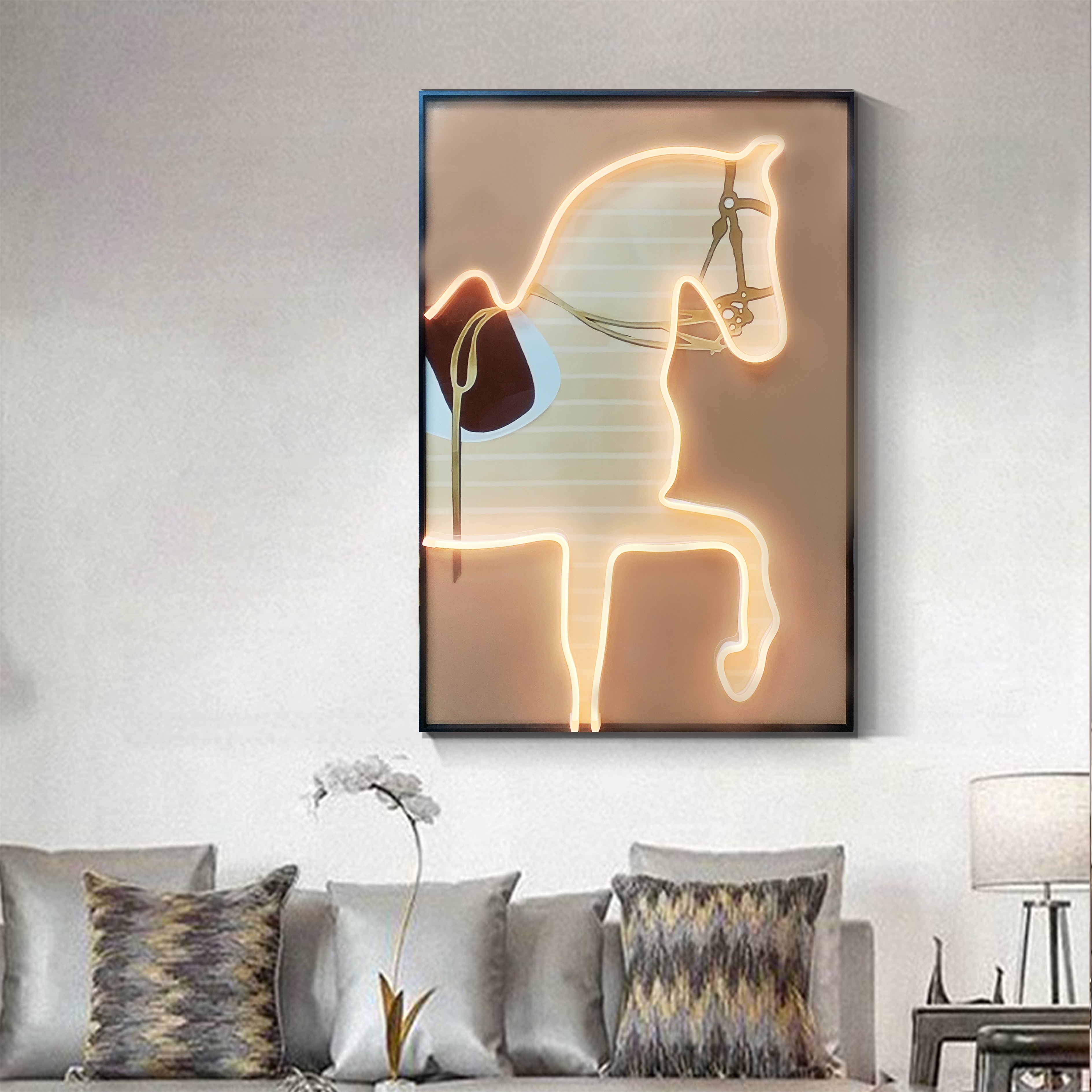 Home Decor Modern Framed Mixed Media Wall Art 3D Neon Horse Painting Lighted Animal Led Artwork