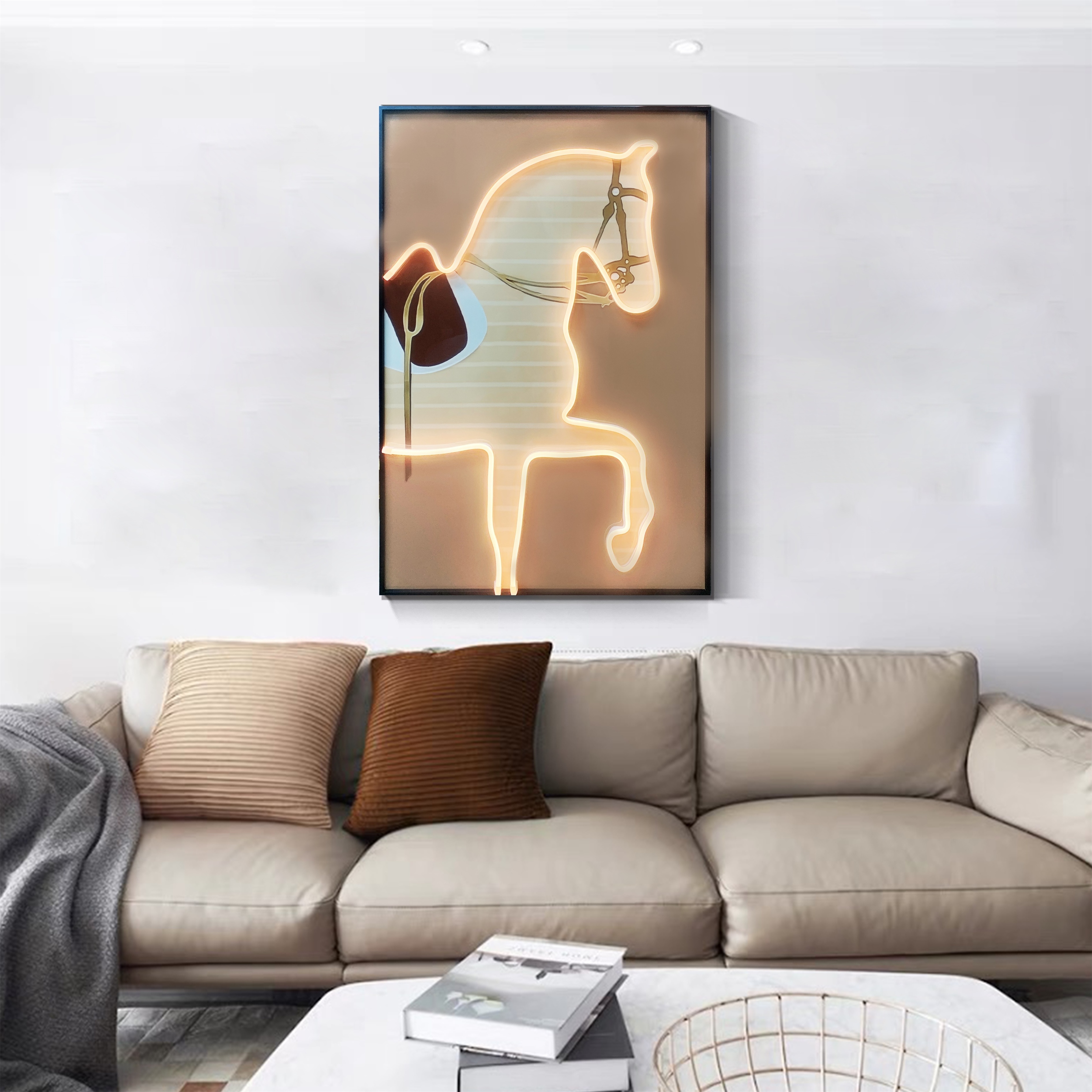 Home Decor Modern Framed Mixed Media Wall Art 3D Neon Horse Painting Lighted Animal Led Artwork