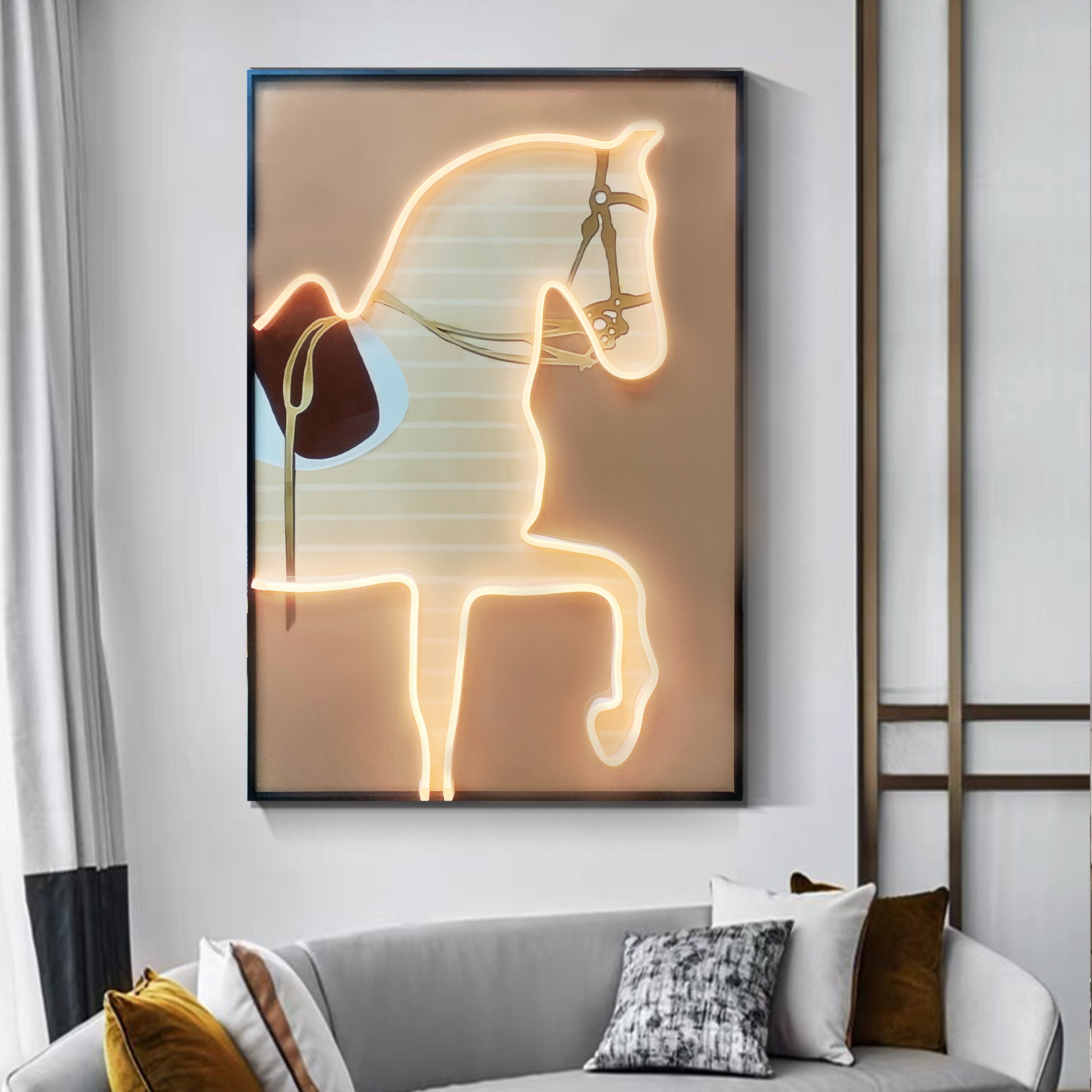 Home Decor Modern Framed Mixed Media Wall Art 3D Neon Horse Painting Lighted Animal Led Artwork