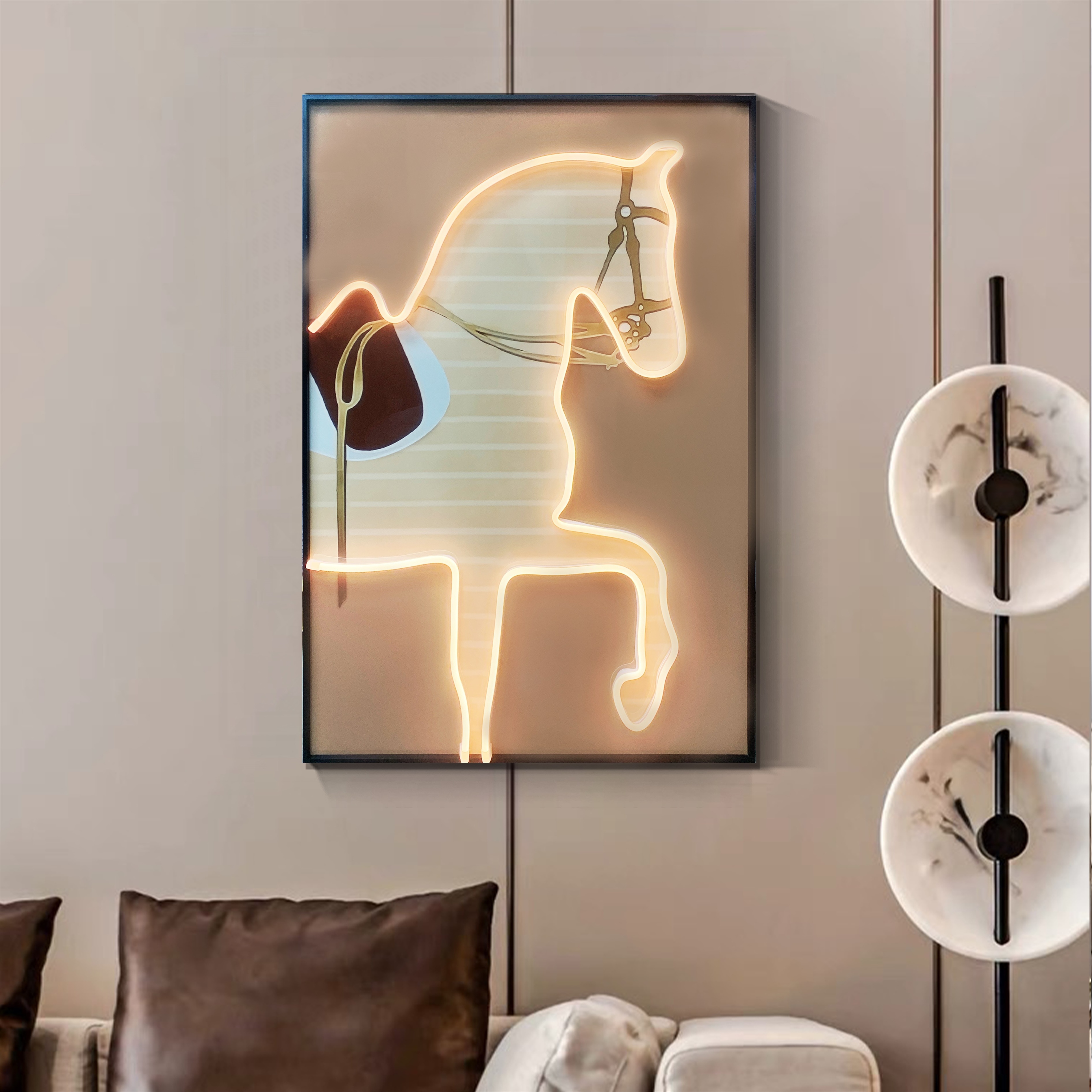 Home Decor Modern Framed Mixed Media Wall Art 3D Neon Horse Painting Lighted Animal Led Artwork