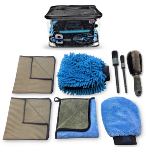 9pcs Car Wash Kit Washing Coral Towel Wheel Brush Microfiber Cloth Towel Car motorcycle Cleaning Tools Set wash tool brush