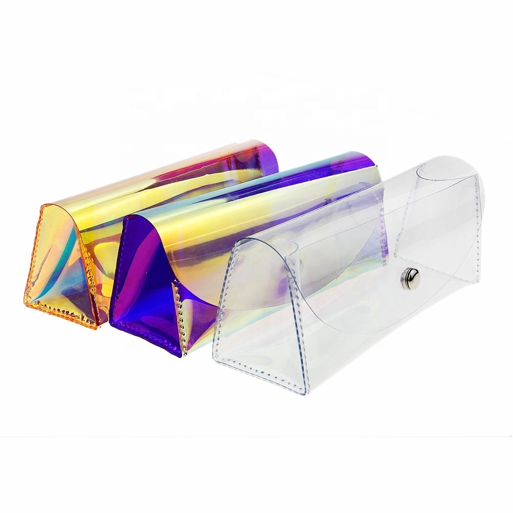 Hot selling custom logo clear transparent iridescent holographic eyeglass and sunglasses packaging pvc case for glasses