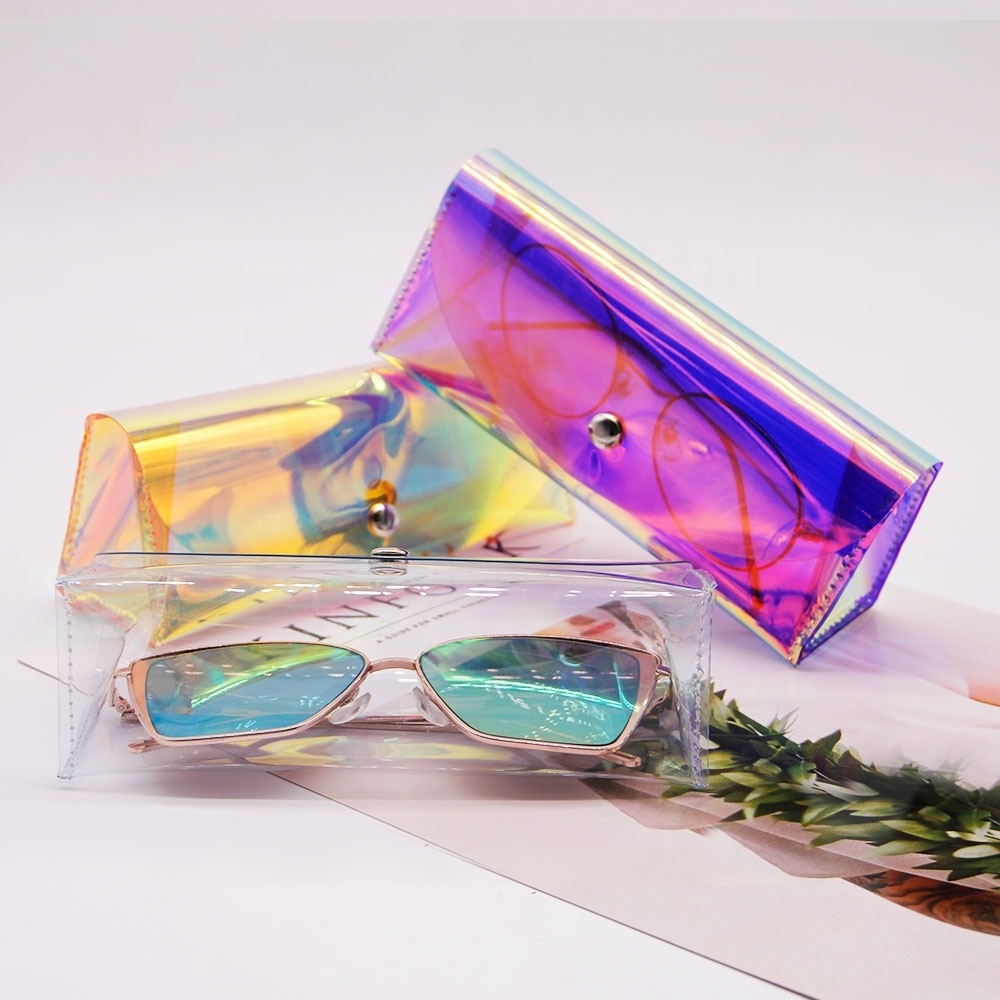 Hot selling custom logo clear transparent iridescent holographic eyeglass and sunglasses packaging pvc case for glasses