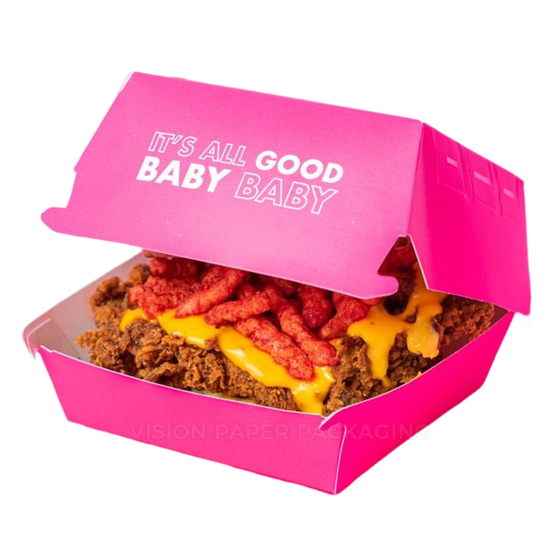 Customizable Design Pink Color Burger Box Disposable Biodegradable Paper for Snack Fast Food