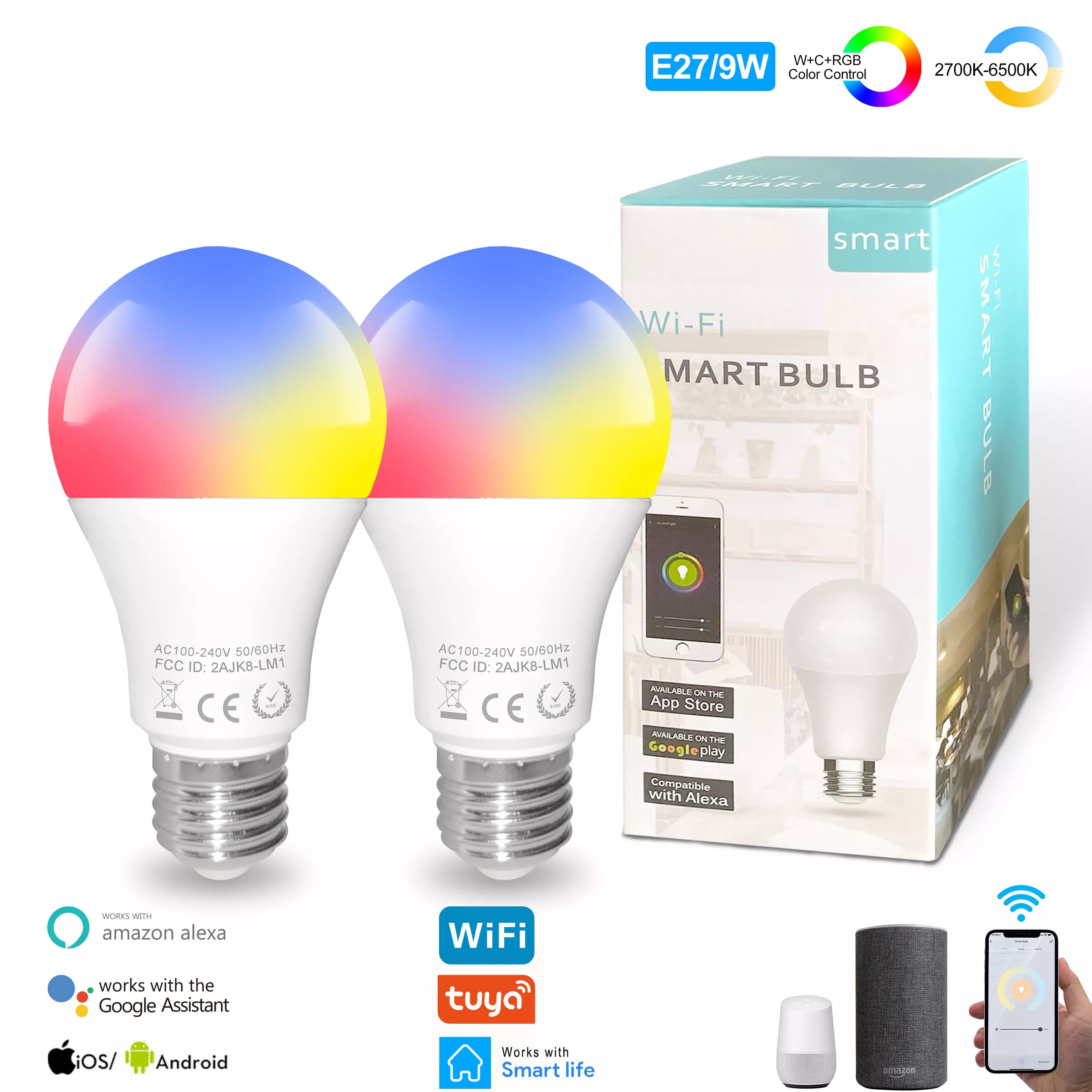 Wifi Smart LED Light E27 9W Bulb Dimmable RGB Lamp Tuya App Smart Remote Control Compatible with Google Home Alexa Voice Control