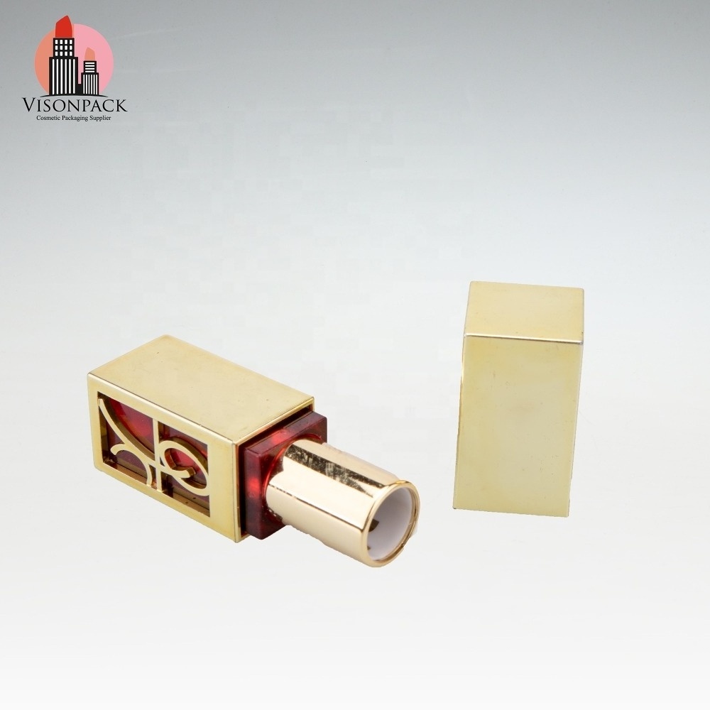 Unique OEM Label Square Aluminum Lipstick Tube 12.1mm Custom Empty Gold Lipstick Case Packaging Chapstick Container Wholesale