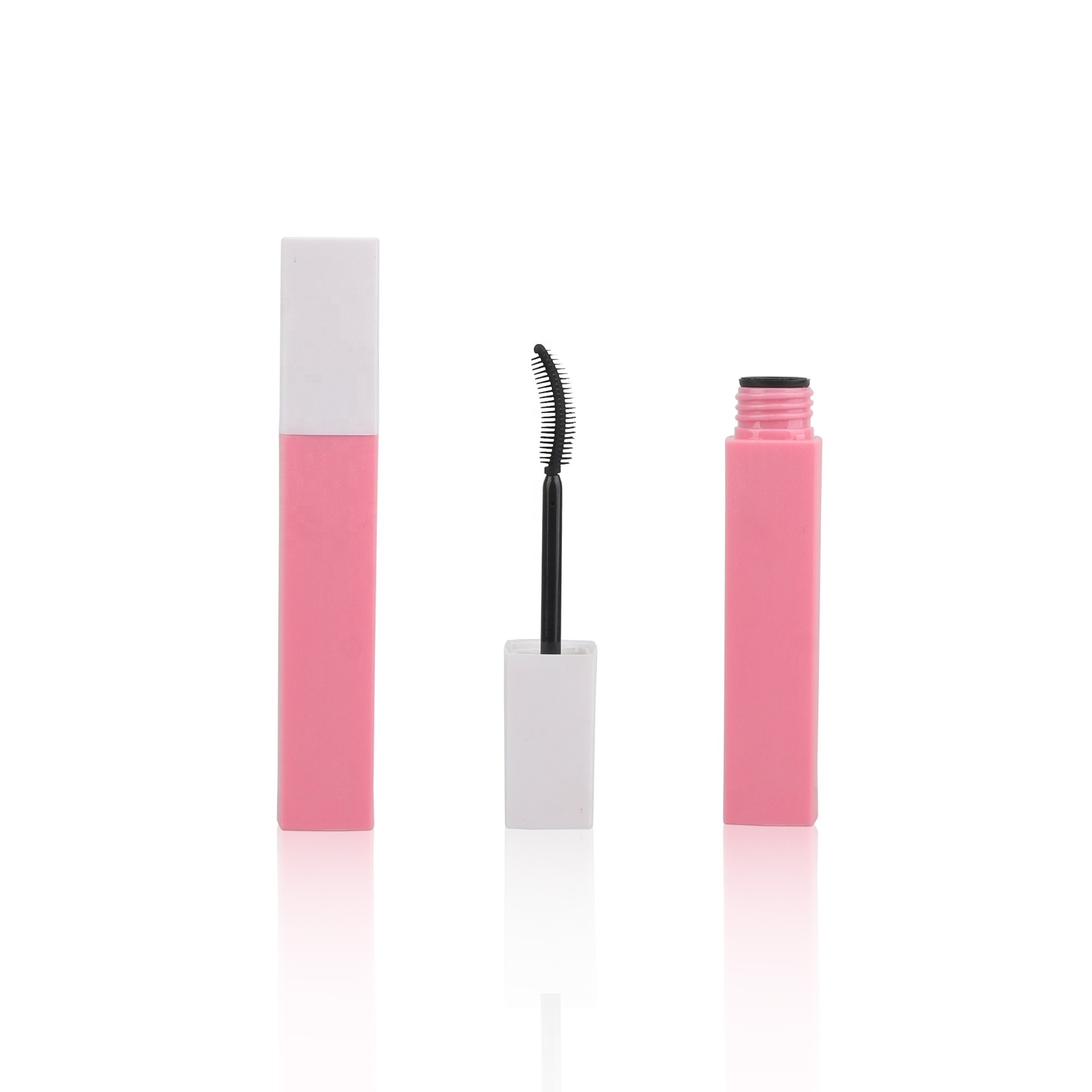 Wholesale 10ml Eyelash Mascara Packaging Wiper Silicone Brush Square Eyeliner Wand Tubes with Stopper In White Top Pink Bottles