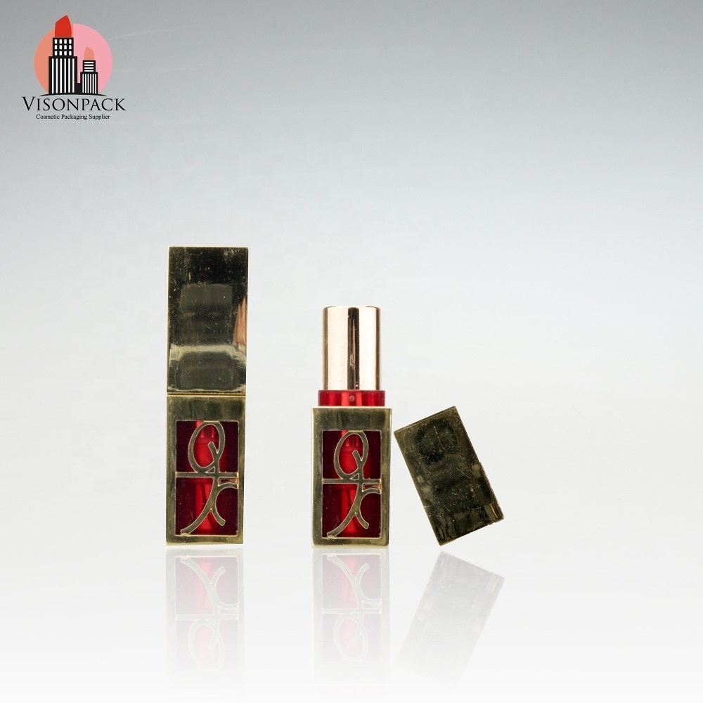 Unique OEM Label Square Aluminum Lipstick Tube 12.1mm Custom Empty Gold Lipstick Case Packaging Chapstick Container Wholesale