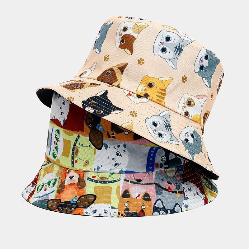 Literary Cartoon Animal Patterns Cute Bucket Hat Double Sided Wear Fisherman Summer Outdoor Casual Sun Shade Hat Bucket