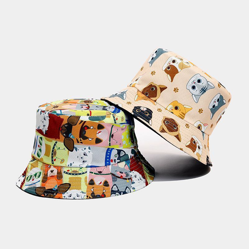 Literary Cartoon Animal Patterns Cute Bucket Hat Double Sided Wear Fisherman Summer Outdoor Casual Sun Shade Hat Bucket