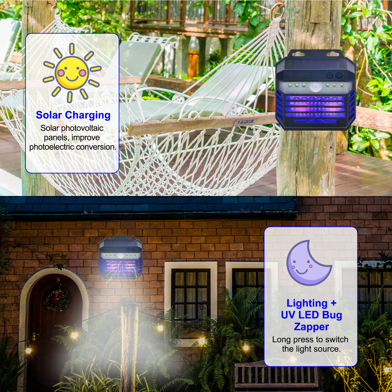 2023 New Hands-Free Pest Control  2-in-1 Solar UV Bug Zapper Mosquito Killer Outdoor Portable Fly Trap