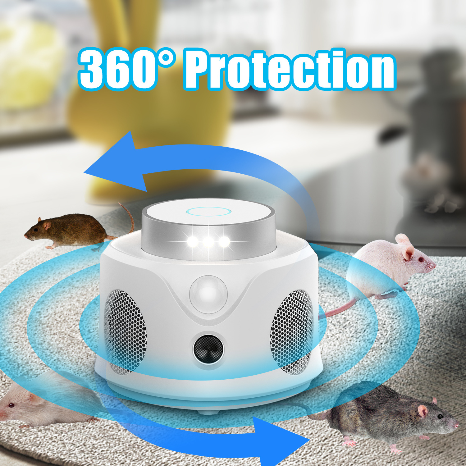 X-PEST 360 Degree Ultrasonic Pest Repeller with 9 Flashing Lights 3 PIR Sensor 4 Speakers Pest Control Mouse Rodents Repellent