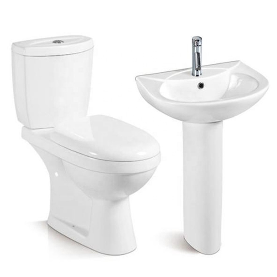 Top Selling Ceramic Two Piece Toilet Washdown Water Closet Italian Pan Commode with Wash Basin Pedestal Sink Lavabo Bathroom Set