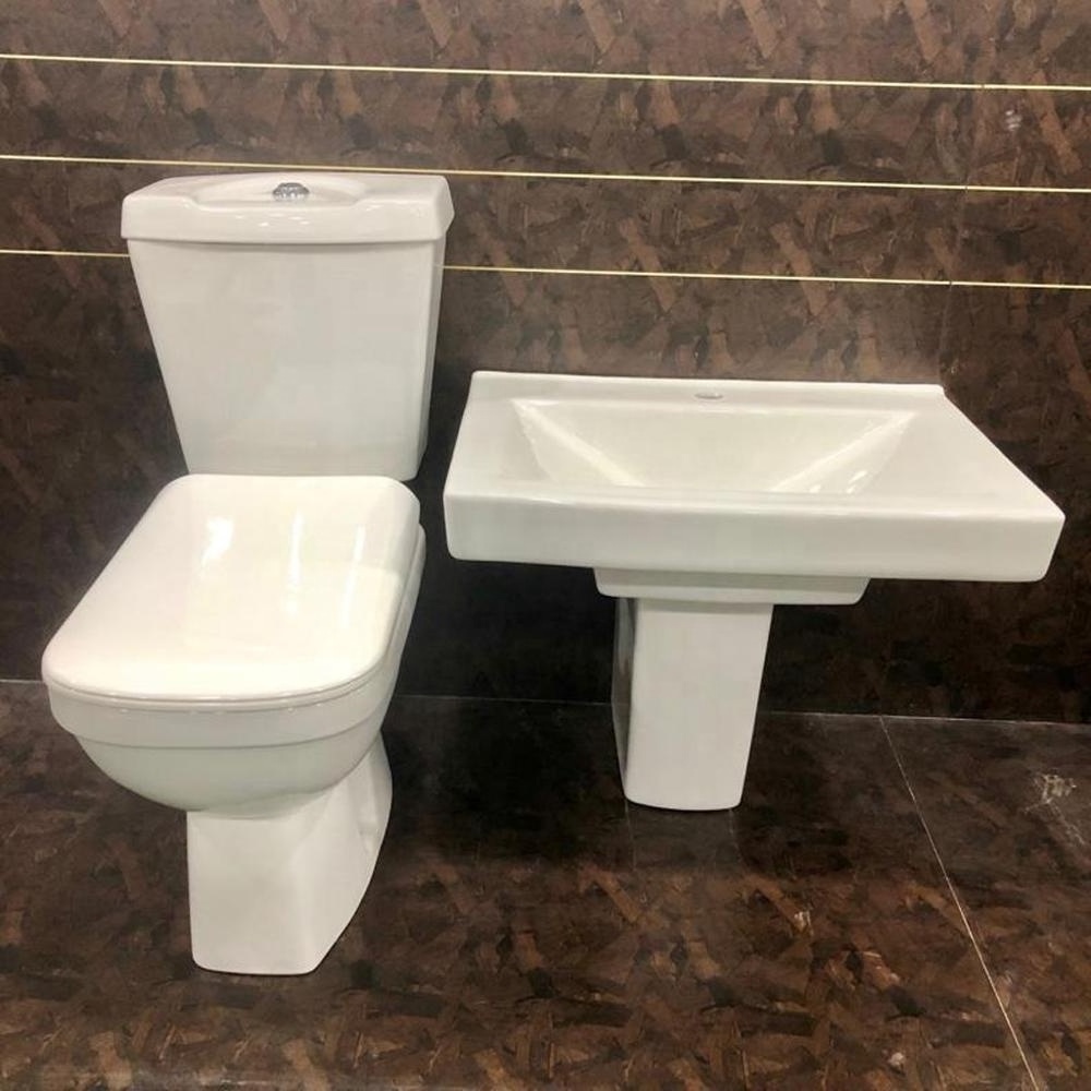 Dual / Single Flush Two Piece Water Closet and Cistern Wash Down Toilet Seat Ceramic Sanitary Ware & Half Pedestal Wash Basin