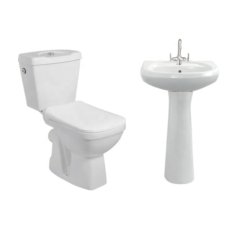 Ceramic Bathroom Sanitaryware Combo: Two-Piece Washdown WC Toilet Bowl and Wash Basin Pedestal Set at Affordable Price