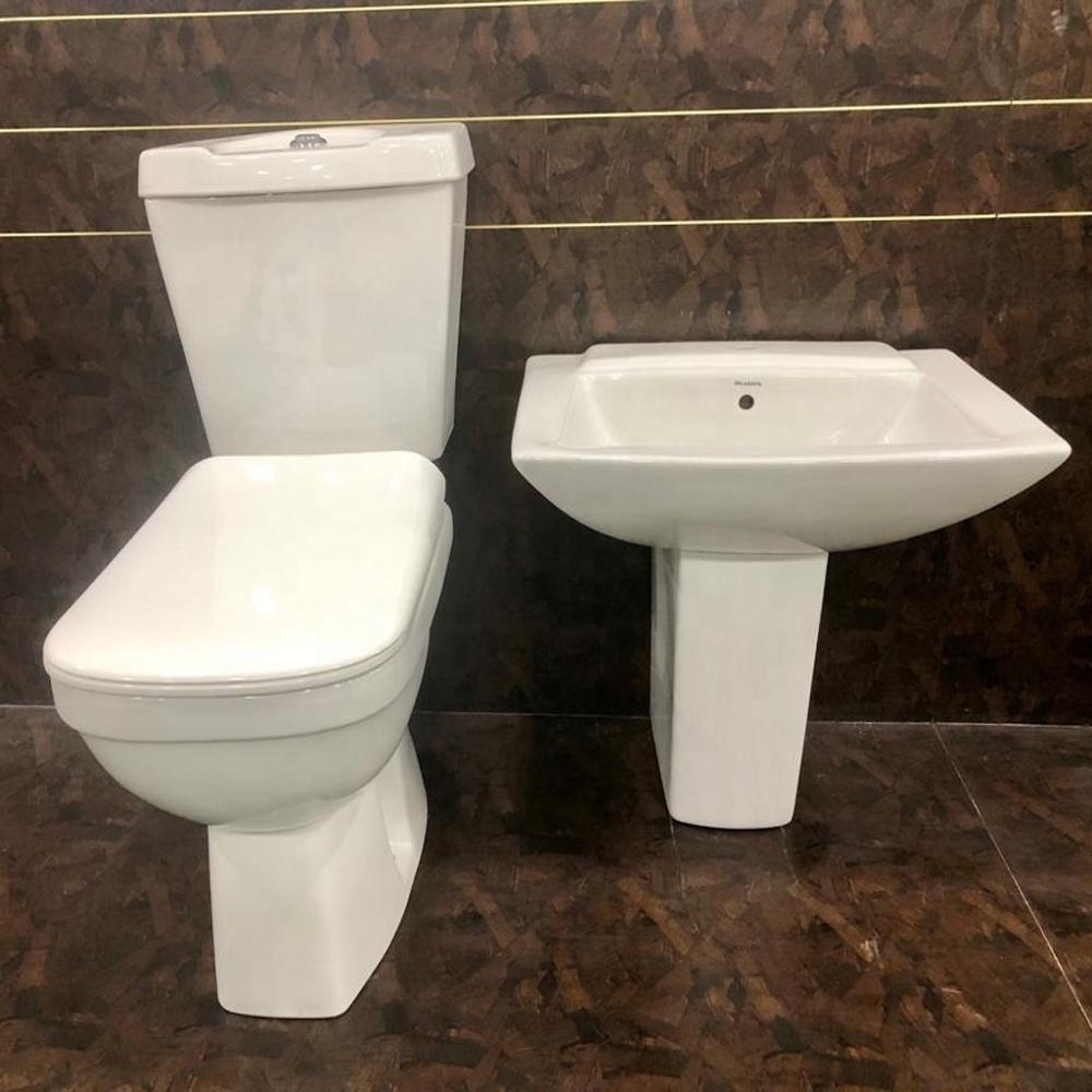 Dual / Single Flush Two Piece Water Closet and Cistern Wash Down Toilet Seat Ceramic Sanitary Ware & Half Pedestal Wash Basin