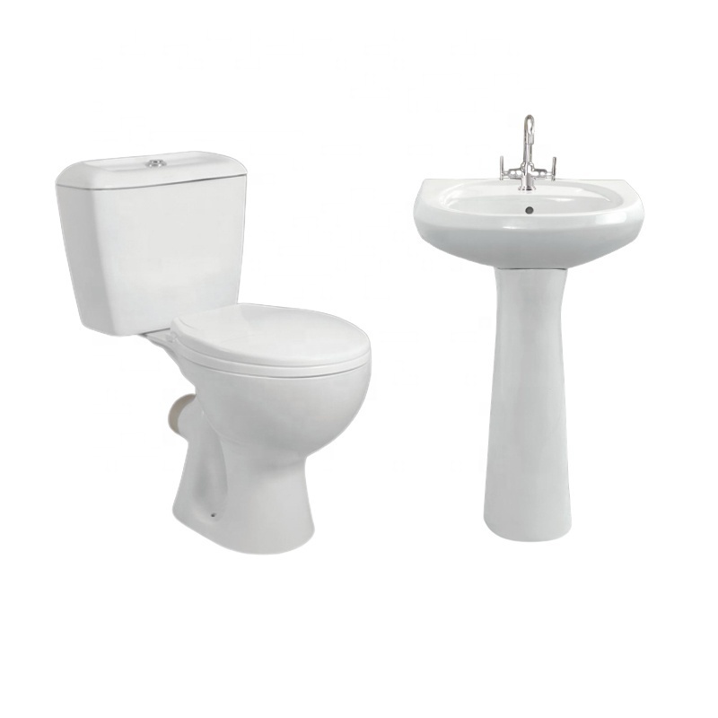 Ceramic Bathroom Sanitaryware Combo: Two-Piece Washdown WC Toilet Bowl and Wash Basin Pedestal Set at Affordable Price