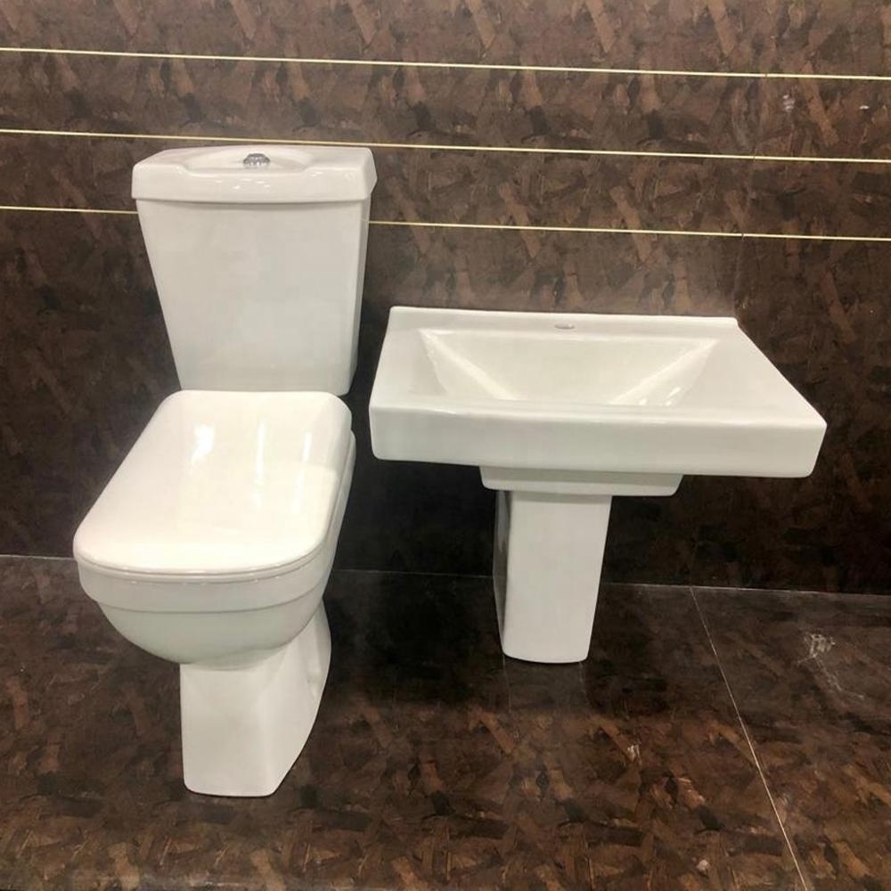 Dual / Single Flush Two Piece Water Closet and Cistern Wash Down Toilet Seat Ceramic Sanitary Ware & Half Pedestal Wash Basin