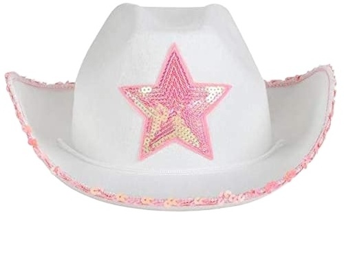 Adult Novelty  White Felt Cowgirl Hat with Pink sequin Star Cowboy Hat for Costume Party