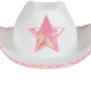 Adult Novelty  White Felt Cowgirl Hat with Pink sequin Star Cowboy Hat for Costume Party