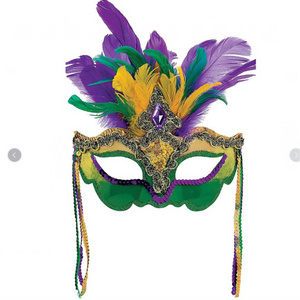 Mardi Gras Mask with Feathers Women Sequin Feathers Purple Green and Gold Venetian Masquerade Ball or Costume Party Mask,yellow