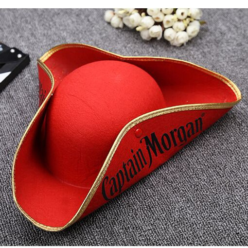 factory wholesale party red polyester felt captain morgan hat with gold ribbon trim