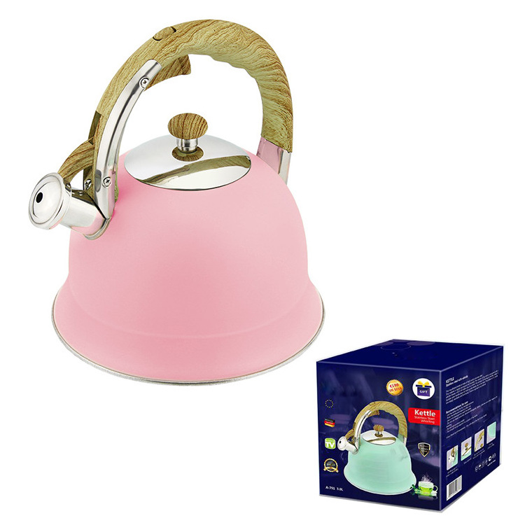 High Quality matte heat resistant coating whistling water tea kettle with wooden handle