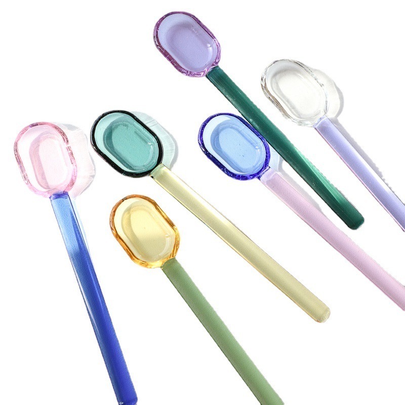 Hand blown transparent high-temperature resistant glass spoon, long handle stirring spoon suitable for bar food coffee milk tea