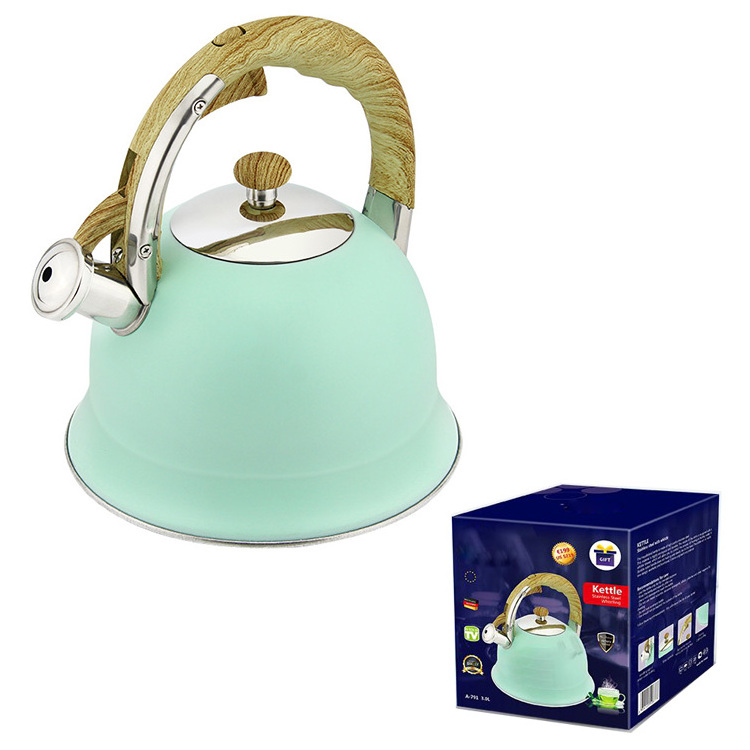 High Quality matte heat resistant coating whistling water tea kettle with wooden handle