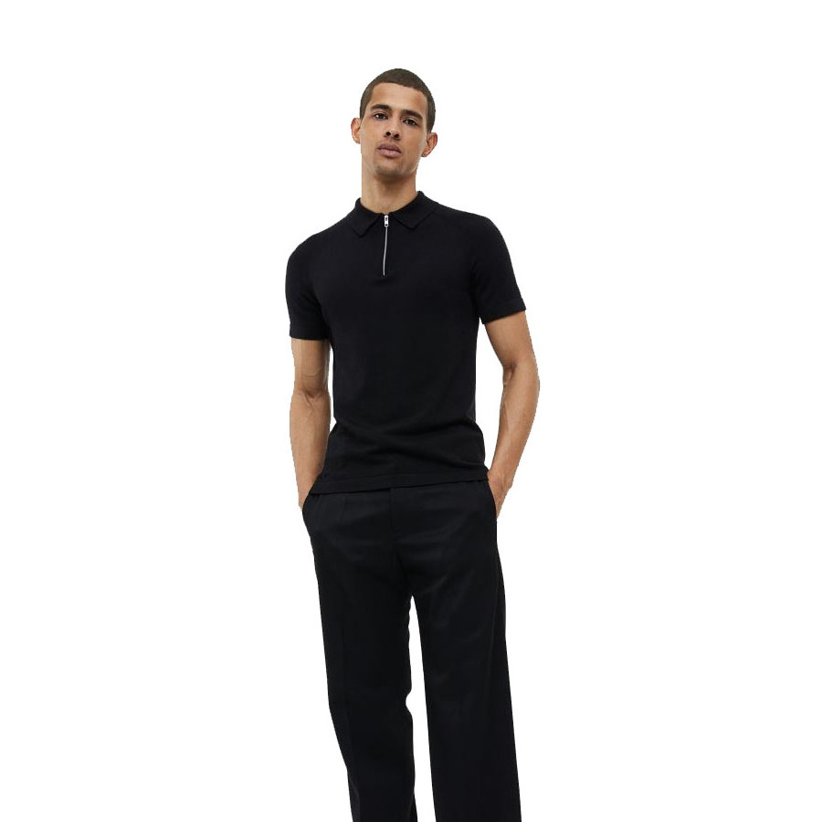 Premium Quality Men Black Classic Fitted Polo T Shirt With Half Zipper Turn Down Collar And Short Sleeves For Sale